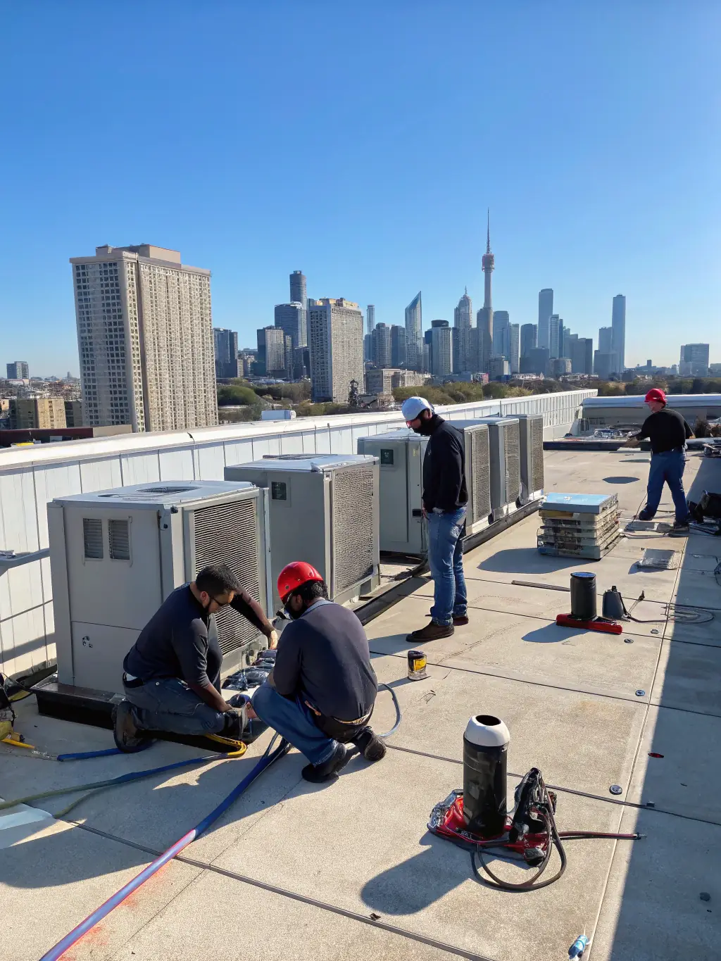 A picture of a team of maintenance workers doing HVAC maintenance on a building's rooftop, showing Himma FM's comprehensive approach.