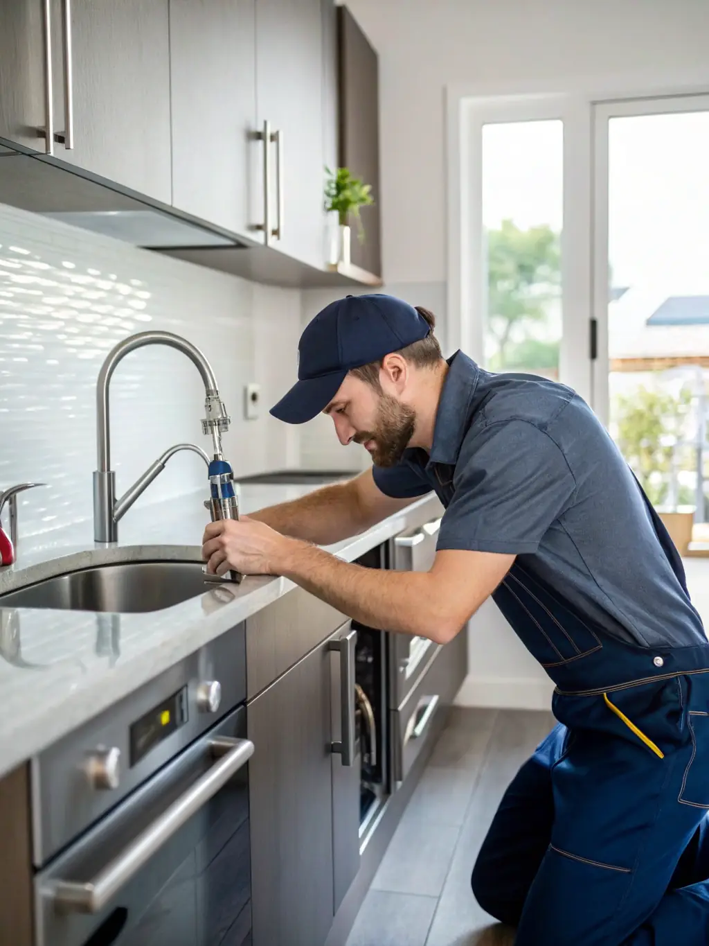 A high-quality photograph of a plumber fixing a leaky pipe in a modern bathroom, showcasing Himma FM's plumbing services.