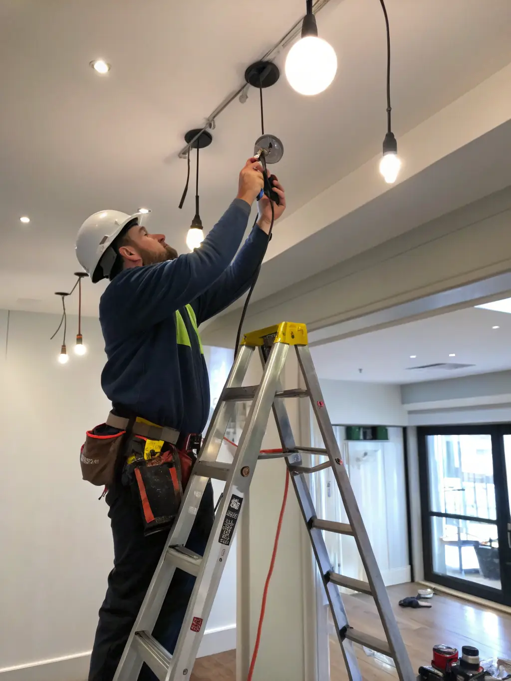 An electrician installing new wiring in a commercial building in Dubai, highlighting Himma FM's electrical expertise.