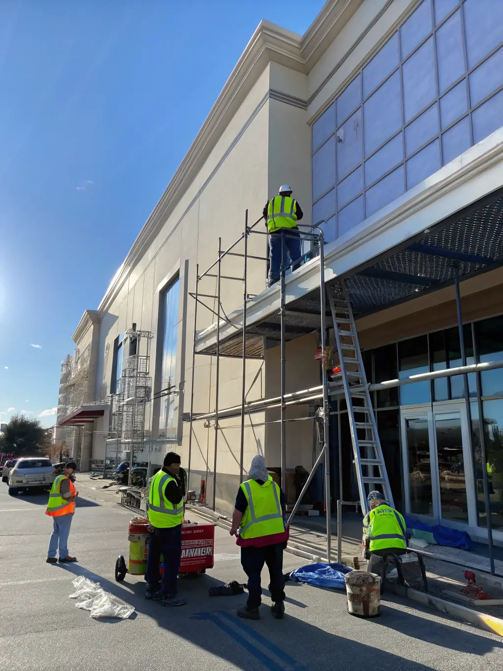 A team of maintenance workers painting the exterior of a building in Dubai, showcasing Himma FM's renovation services.