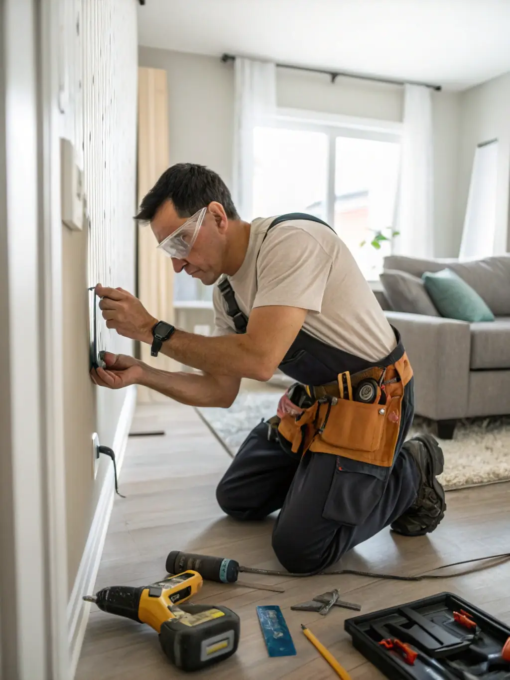 A handyman repairing drywall in a residential villa in Dubai, demonstrating Himma FM's general repair capabilities.